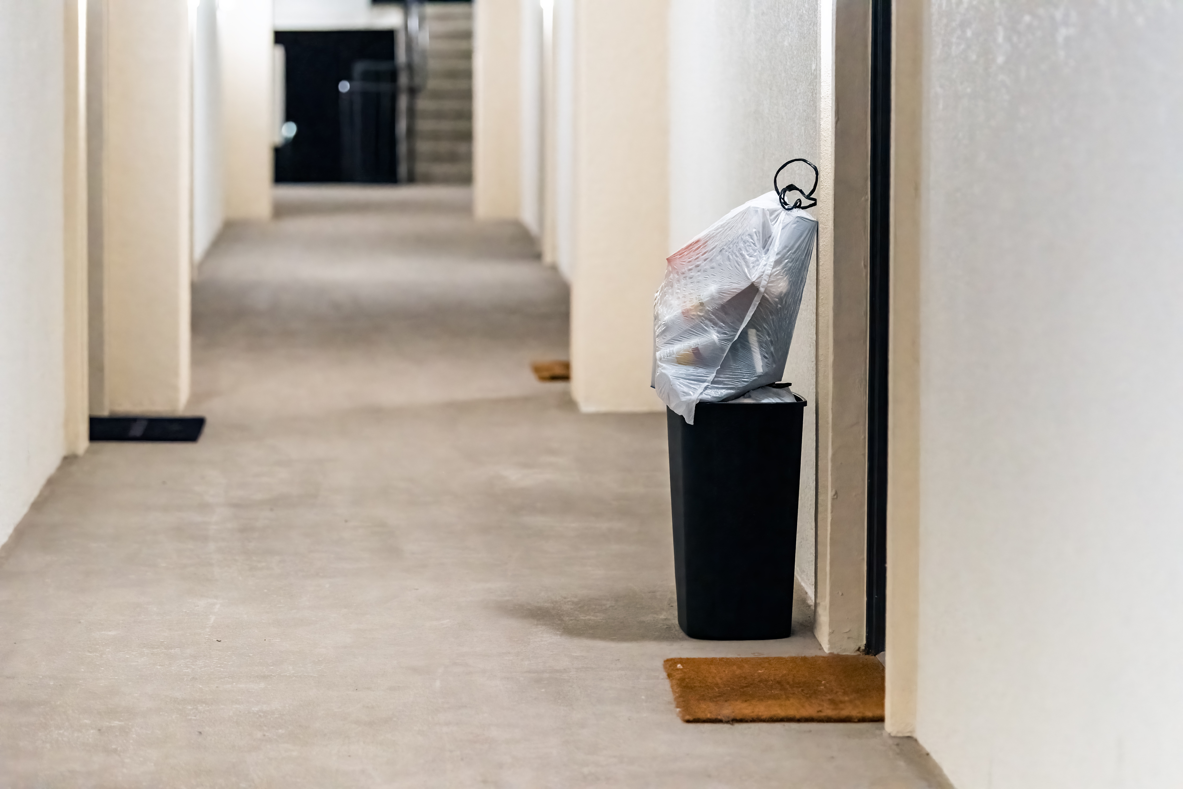 Apartment hallway and entrance area for doorstep trash collection